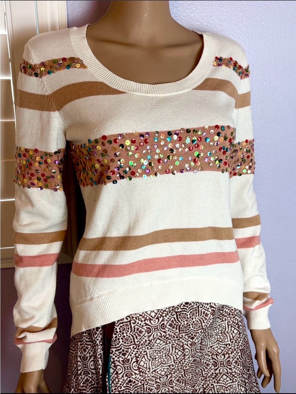 Design History Cream Sweater Stripes Multicolor Sequins High-Lo Rib Hem